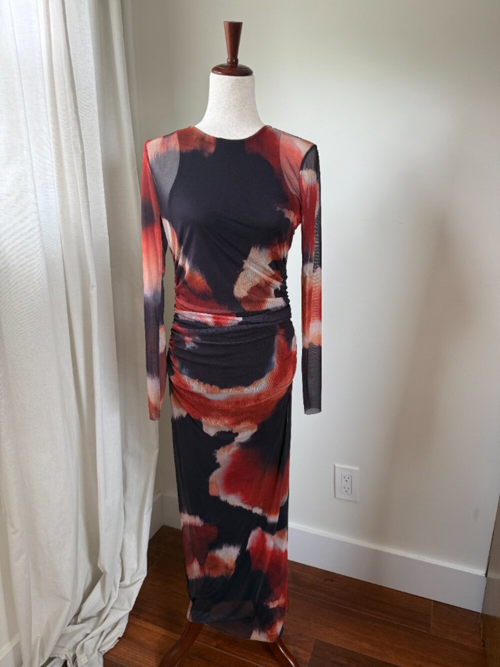 Zara Multicolor Abstract Printed Tulle Mesh Ruched Maxi Dress Small - Picture 2 of 7